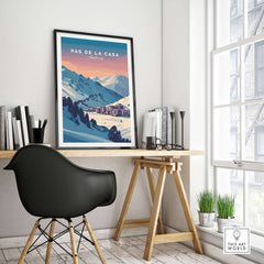 Pas de la Casa Wall Art | Andorra Travel Print displayed in a stylish interior with a modern chair and light decor.