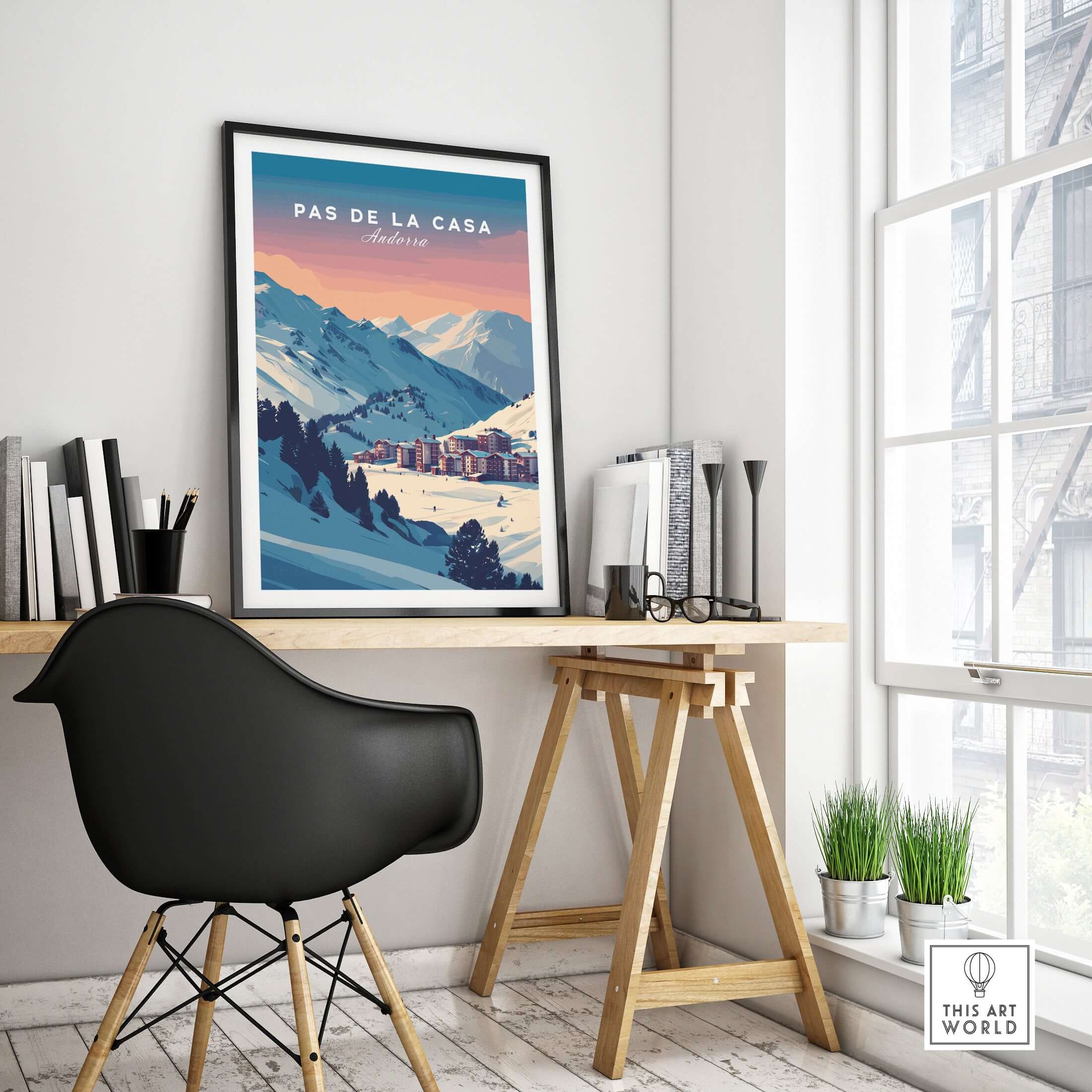 Pas de la Casa Wall Art | Andorra Travel Print displayed in a stylish interior with a modern chair and light decor.
