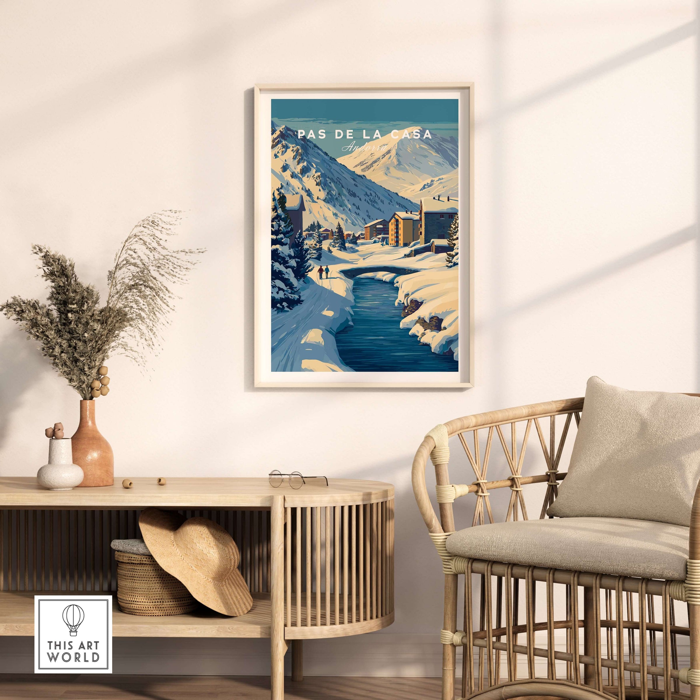 Pas de la Casa Pyrenees Ski Town View Print | Winter Landscape Home Decor displayed in a cozy living room setting.