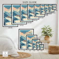 Pas de la Casa Winter Village and Slopes Print | Ski Wall Art size guide with various frame sizes showcased.