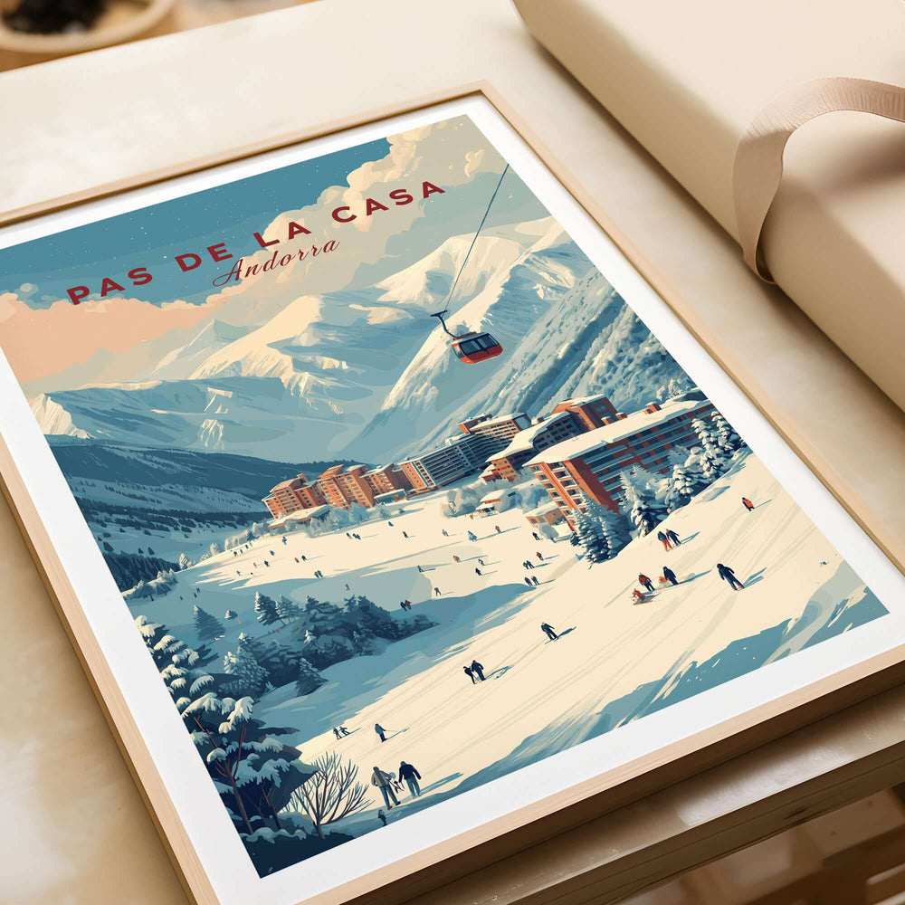 Pas de la Casa Winter Village and Slopes Print | Ski Wall Art showcasing a snowy alpine landscape and ski lifts.