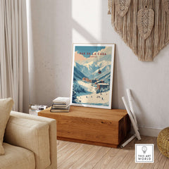 Pas de la Casa Winter Village and Slopes Print | Ski Wall Art displayed in a cozy living room setting.
