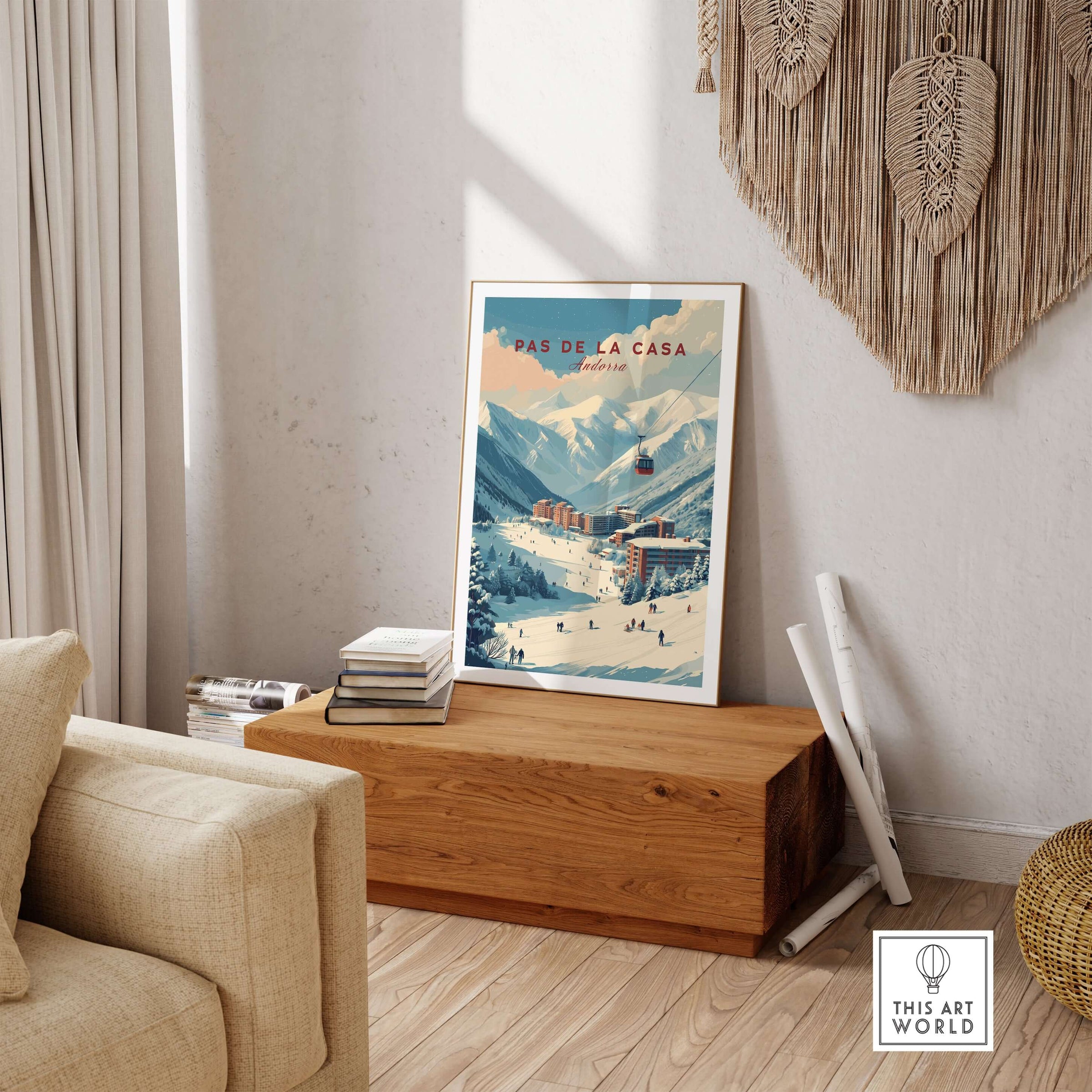 Pas de la Casa Winter Village and Slopes Print | Ski Wall Art displayed in a cozy living room setting.
