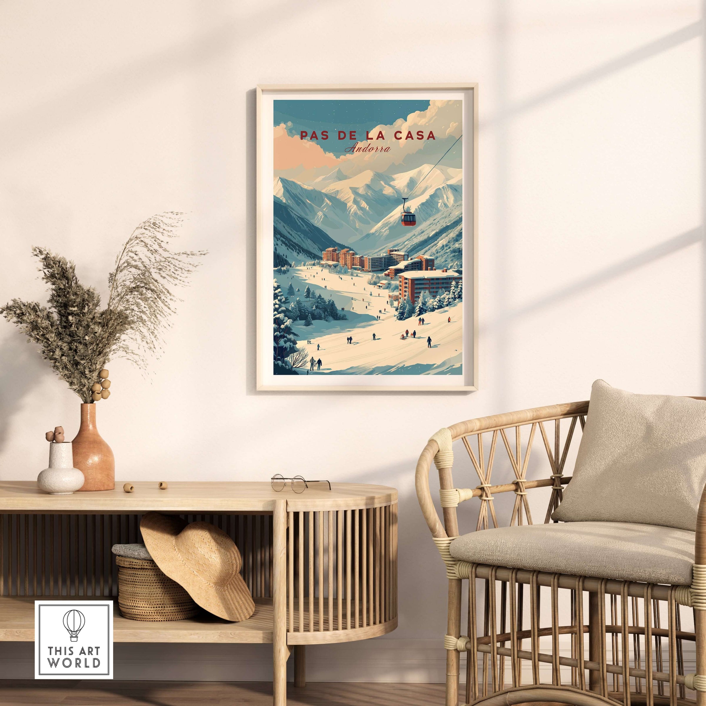 Pas de la Casa Winter Village and Slopes Print | Ski Wall Art displayed in a cozy home setting.