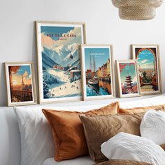 Pas de la Casa Winter Village and Slopes Print | Ski Wall Art displayed in a cozy living room setting.