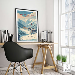Pas de la Casa Winter Village and Slopes Print | Ski Wall Art showcasing a cozy alpine village and snowy slopes.