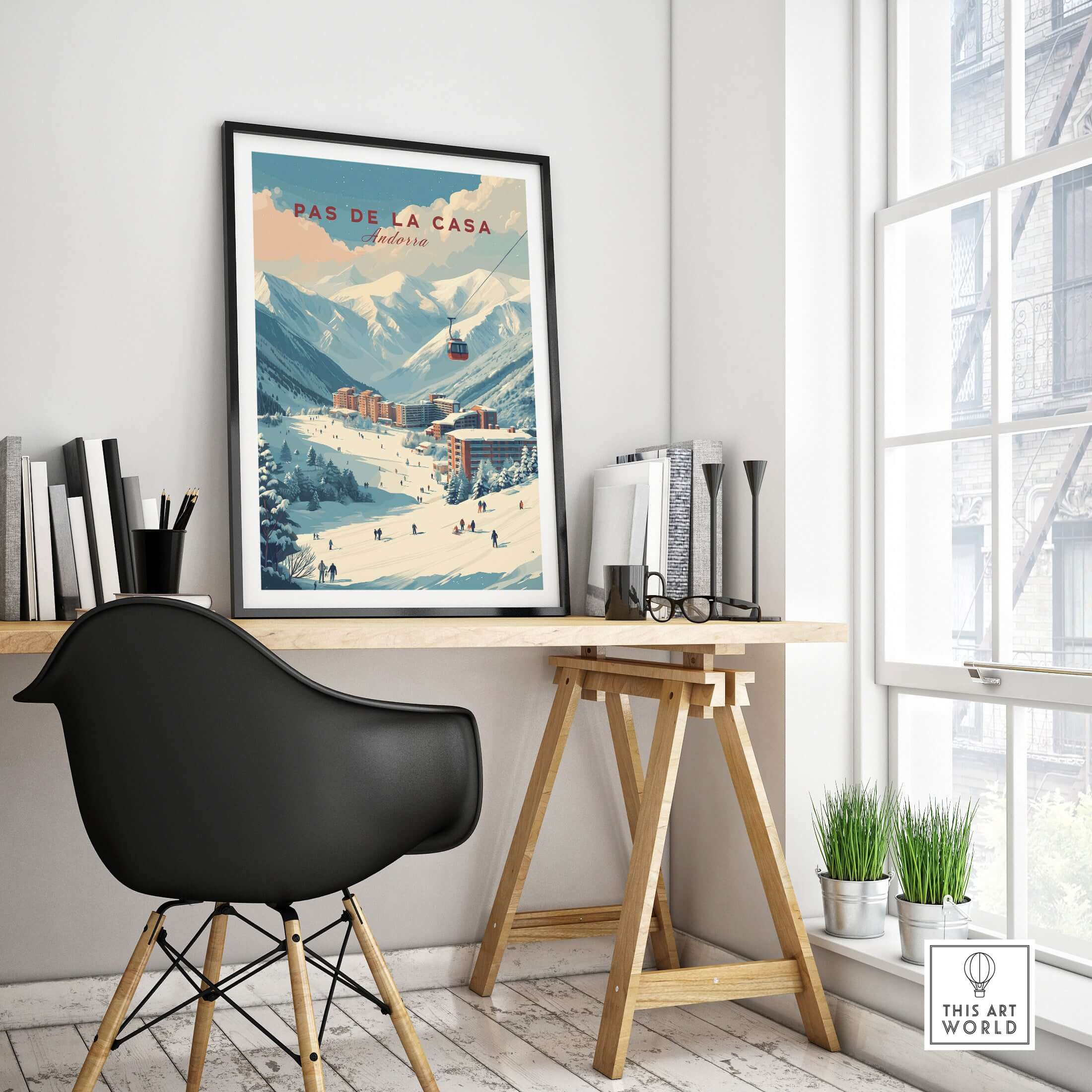Pas de la Casa Winter Village and Slopes Print | Ski Wall Art showcasing a cozy alpine village and snowy slopes.
