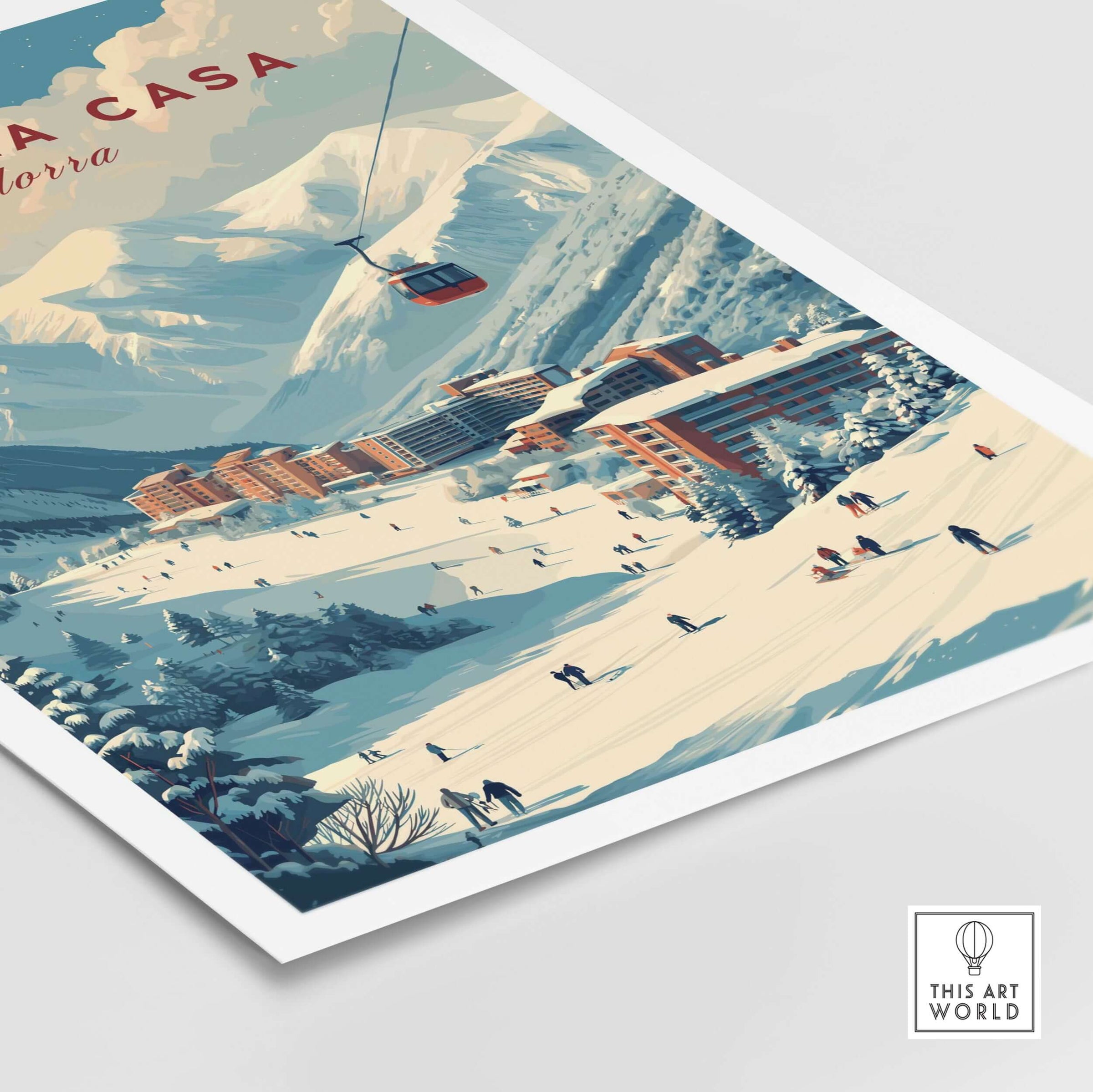 Pas de la Casa Winter Village and Slopes Print | Ski Wall Art featuring skiers and a gondola in a snowy mountain landscape.