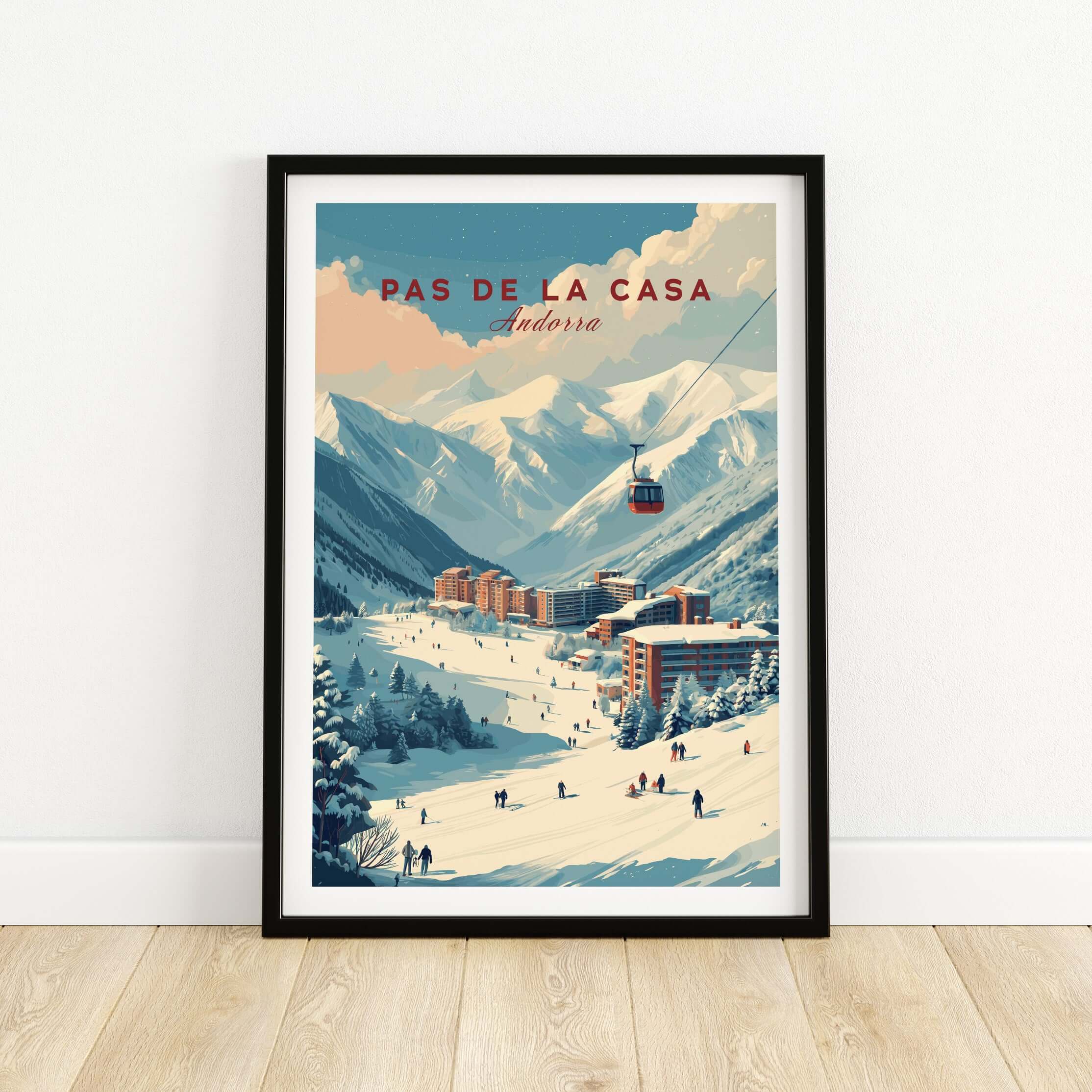 Pas de la Casa Winter Village and Slopes Print | Ski Wall Art featuring snowy slopes and mountains.