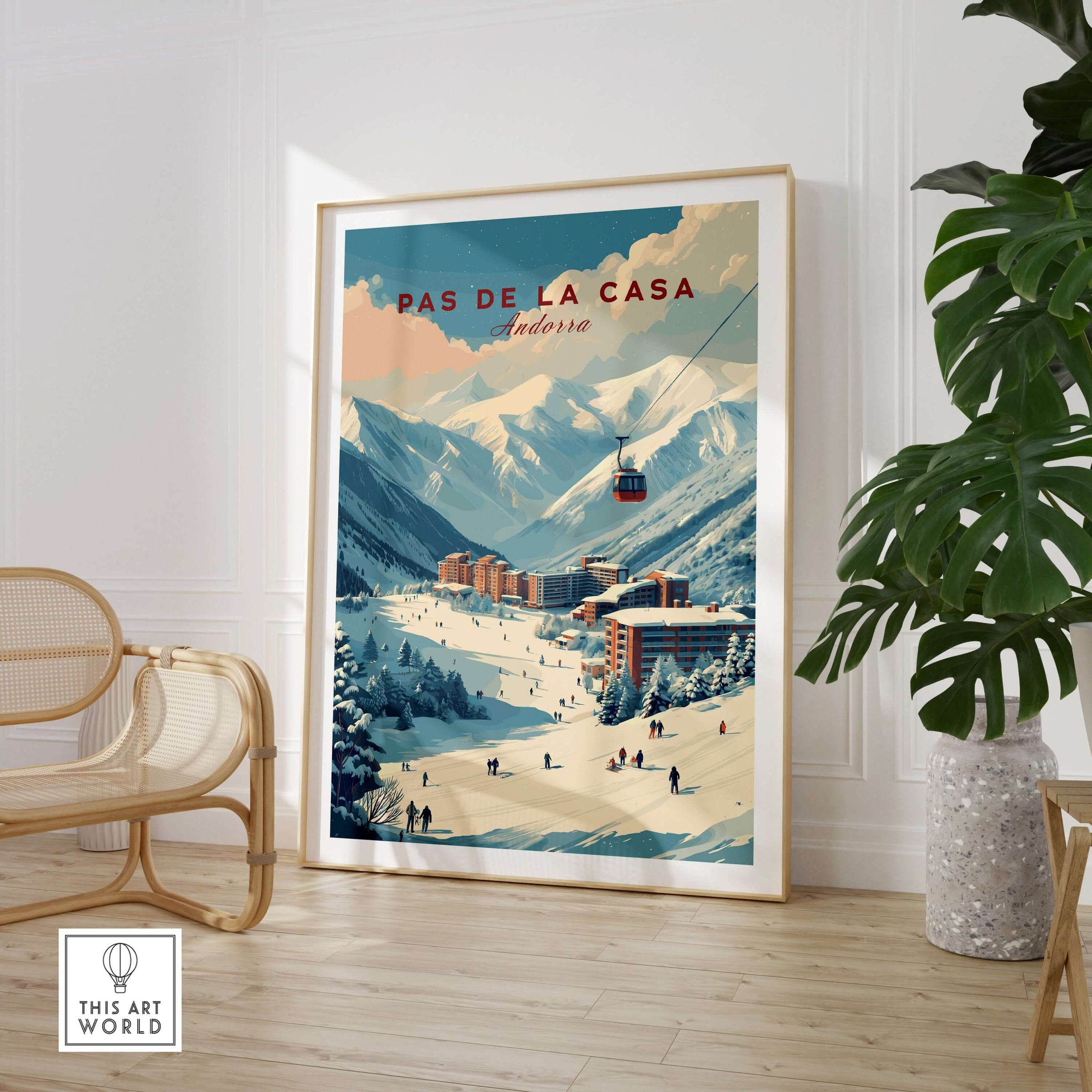 Pas de la Casa Winter Village and Slopes Print | Ski Wall Art showcasing a winter scene with ski slopes and mountains.