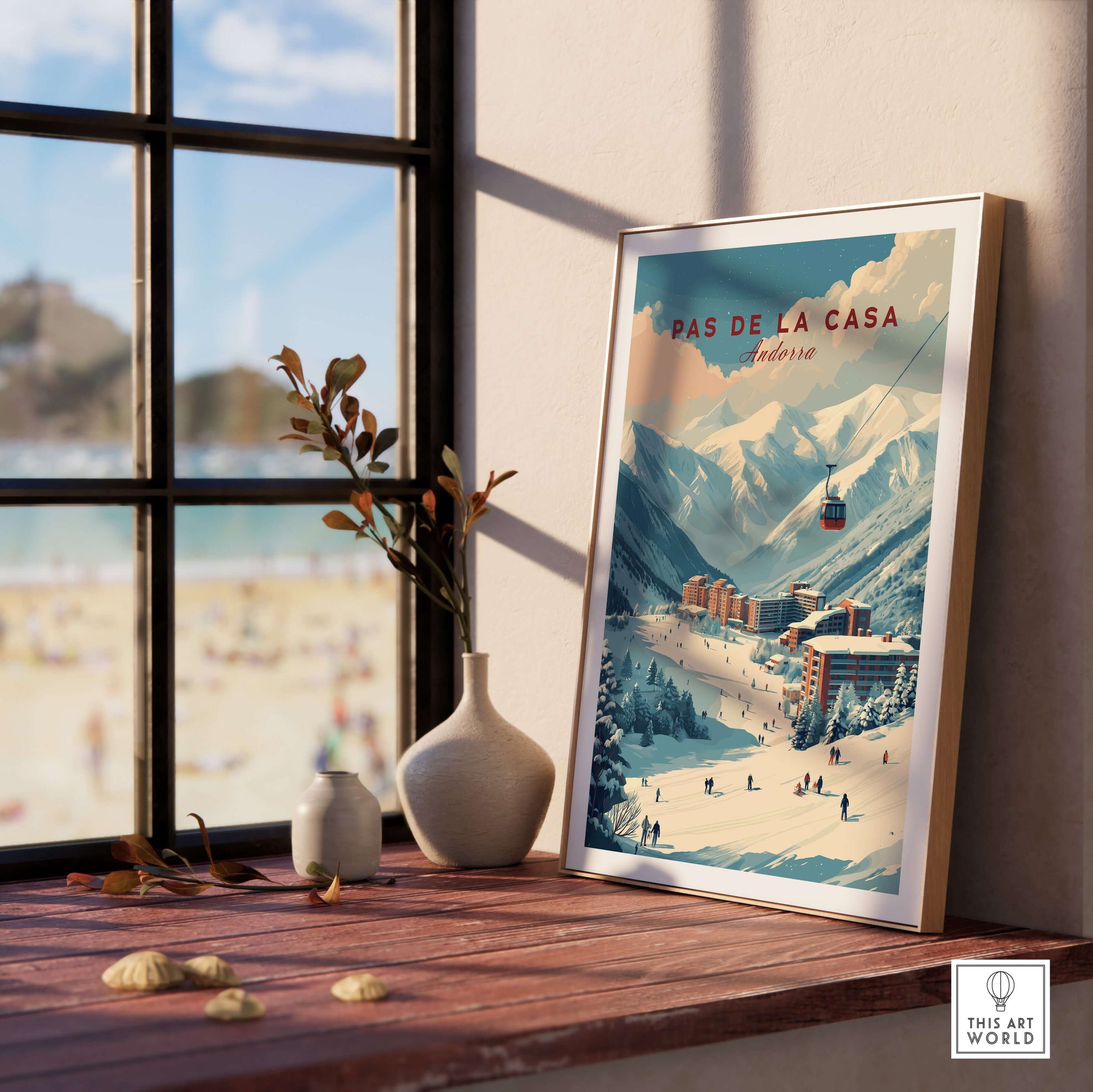 Pas de la Casa Winter Village and Slopes Print | Ski Wall Art displayed on a windowsill with mountain scenery.