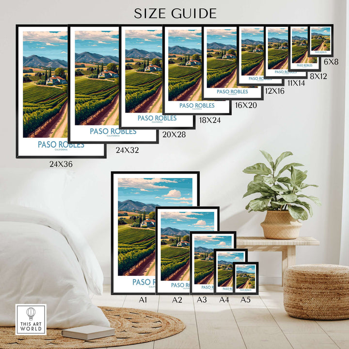 Paso Robles California Vineyard Art Print | Wine Region Landscape Poster size guide showcasing various frame dimensions.