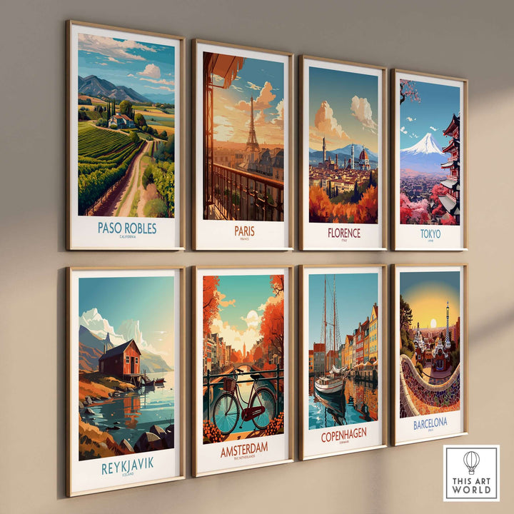 Paso Robles California Vineyard Art Print | Wine Region Landscape Poster displayed among various city art prints.