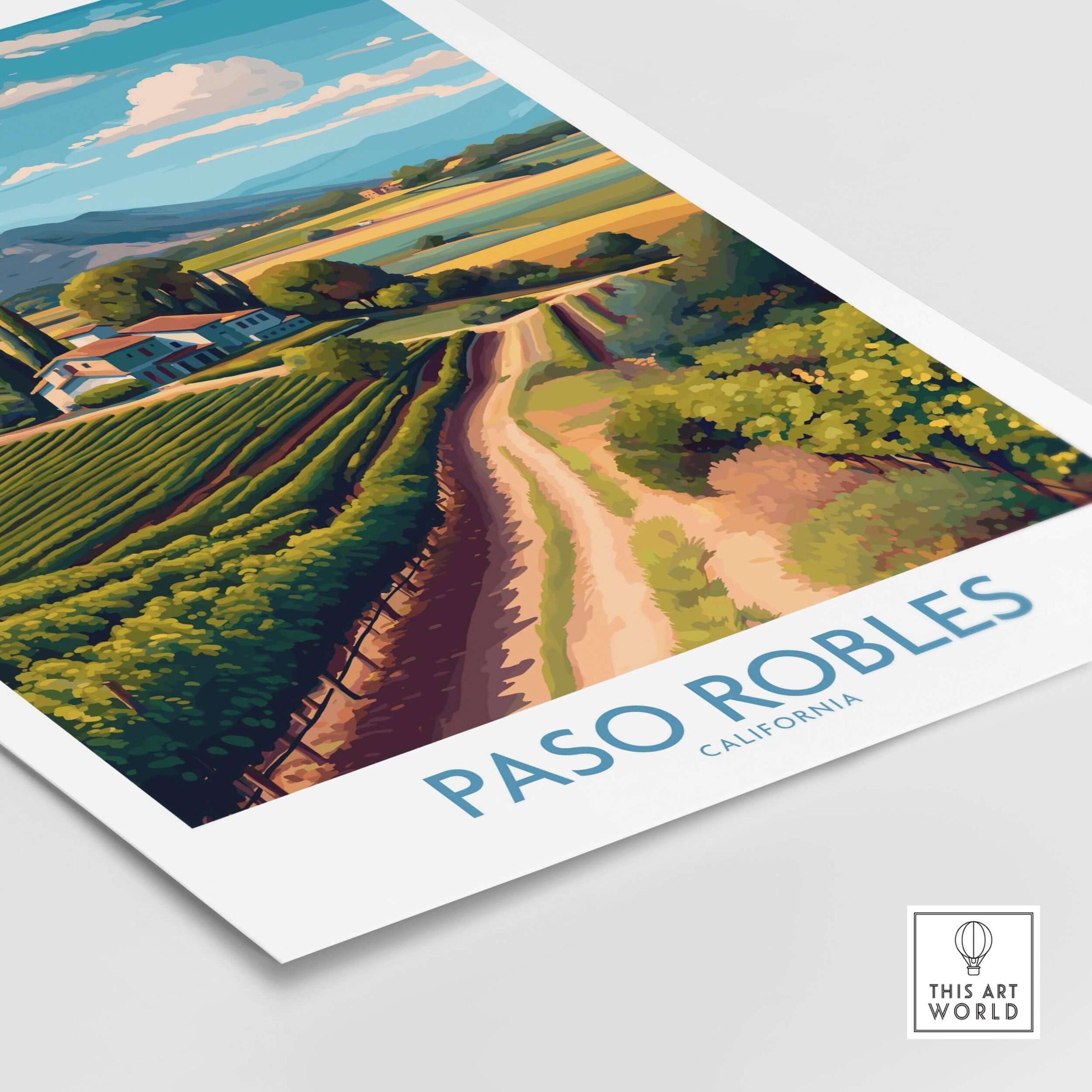 Paso Robles California Vineyard Art Print | Wine Region Landscape Poster featuring lush grapevines and scenic hills.