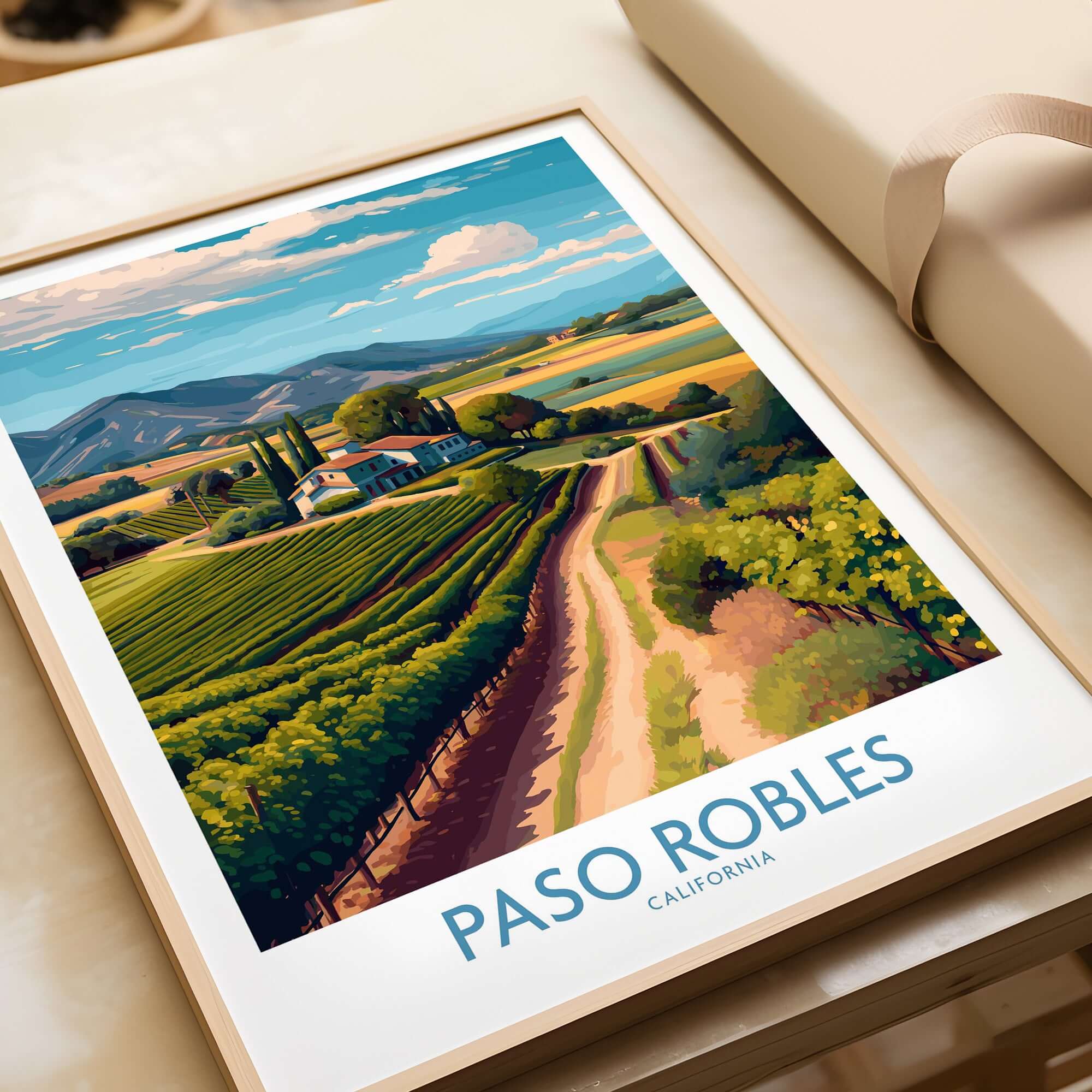 Paso Robles California Vineyard Art Print | Wine Region Landscape Poster showcasing lush grapevines and scenic hills.