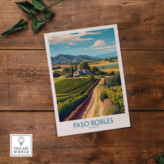 Paso Robles California Vineyard Art Print | Wine Region Landscape Poster on rustic wooden background with greenery.
