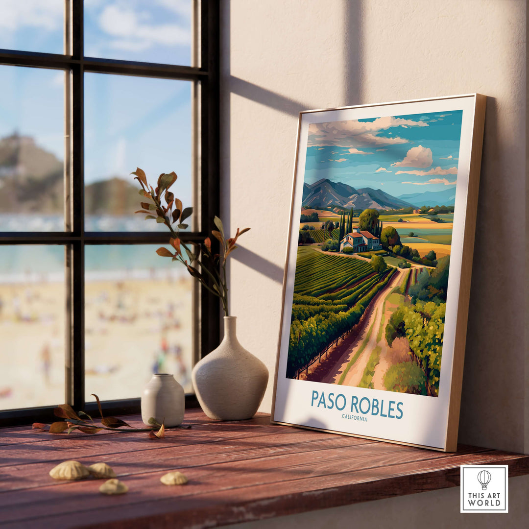 Paso Robles California Vineyard Art Print | Wine Region Landscape Poster displayed against a sunny window backdrop.