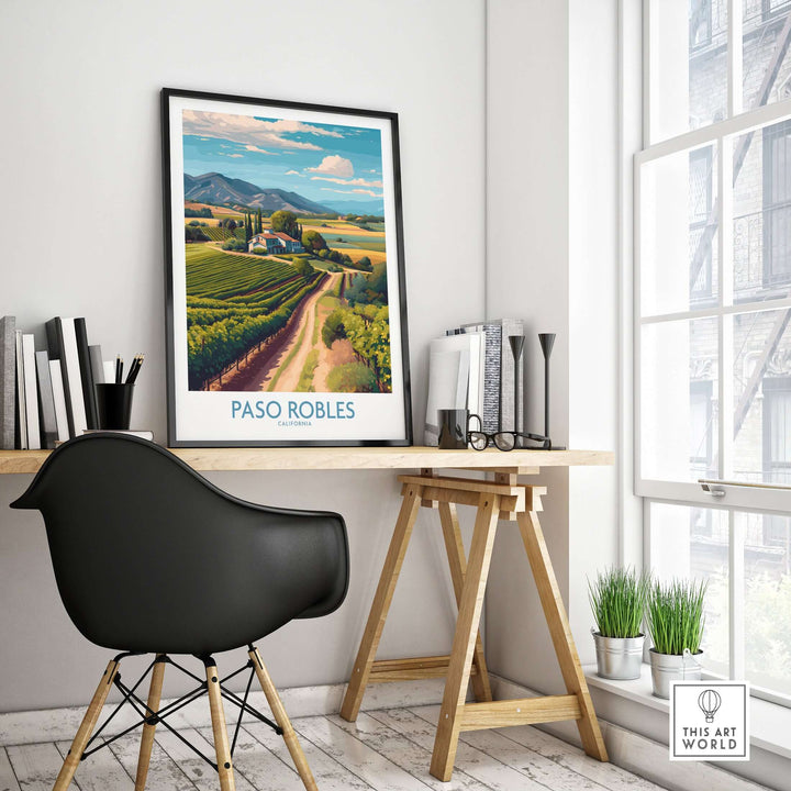 Paso Robles California Vineyard Art Print | Wine Region Landscape Poster displayed in a modern workspace with a black chair.