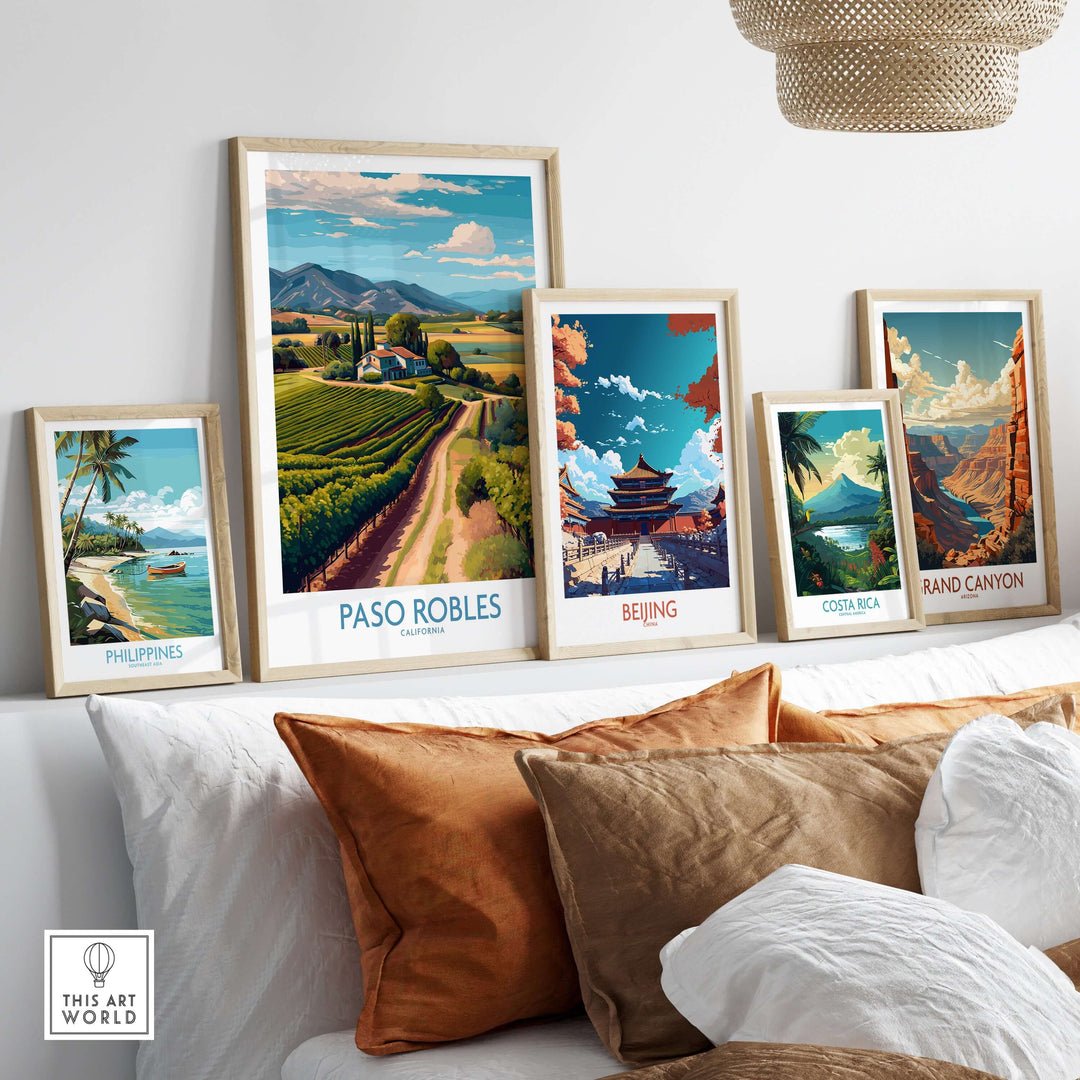 Paso Robles California Vineyard Art Print | Wine Region Landscape Poster displayed with other travel art prints.