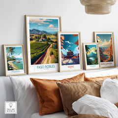 Paso Robles California Vineyard Art Print | Wine Region Landscape Poster displayed among other travel art on a gallery wall.