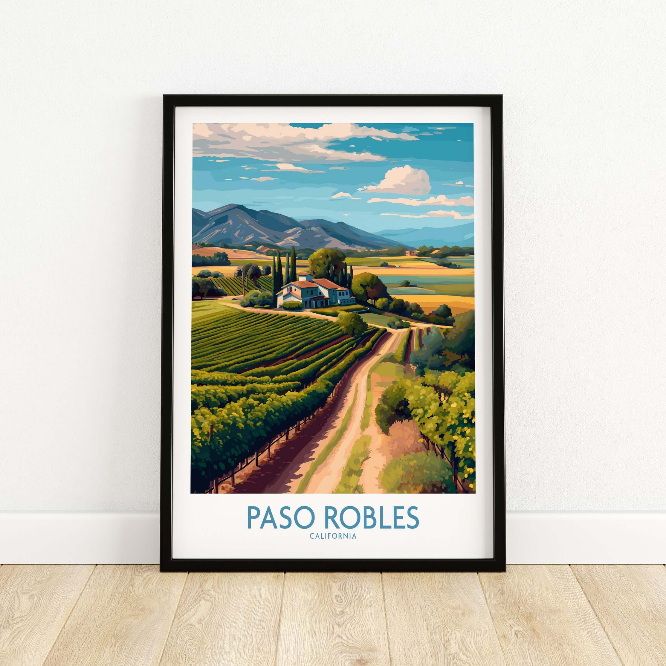 Paso Robles California Vineyard Art Print | Wine Region Landscape Poster showcasing beautiful vineyards and mountains.