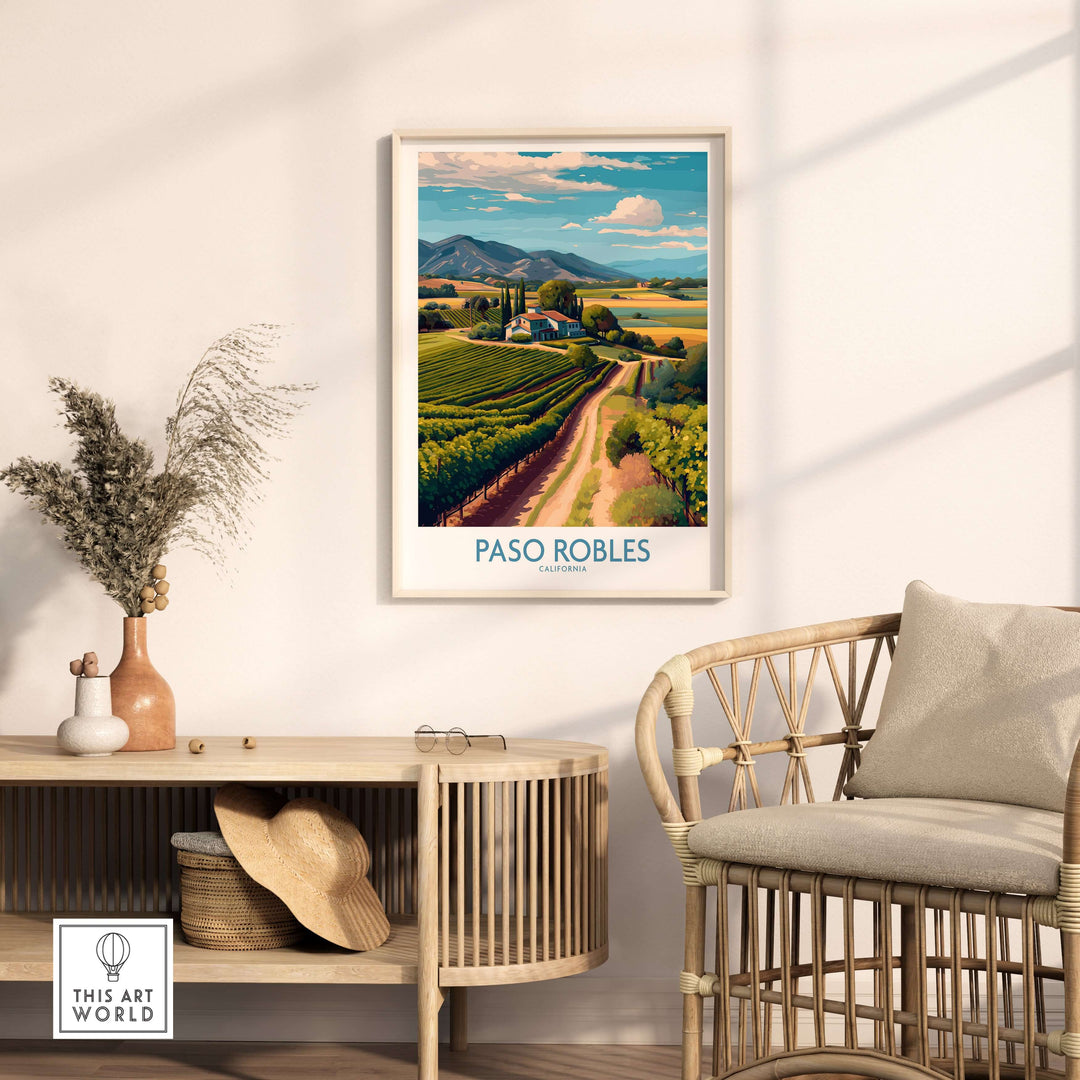 Paso Robles California Vineyard Art Print | Wine Region Landscape Poster displayed in a cozy interior setting.