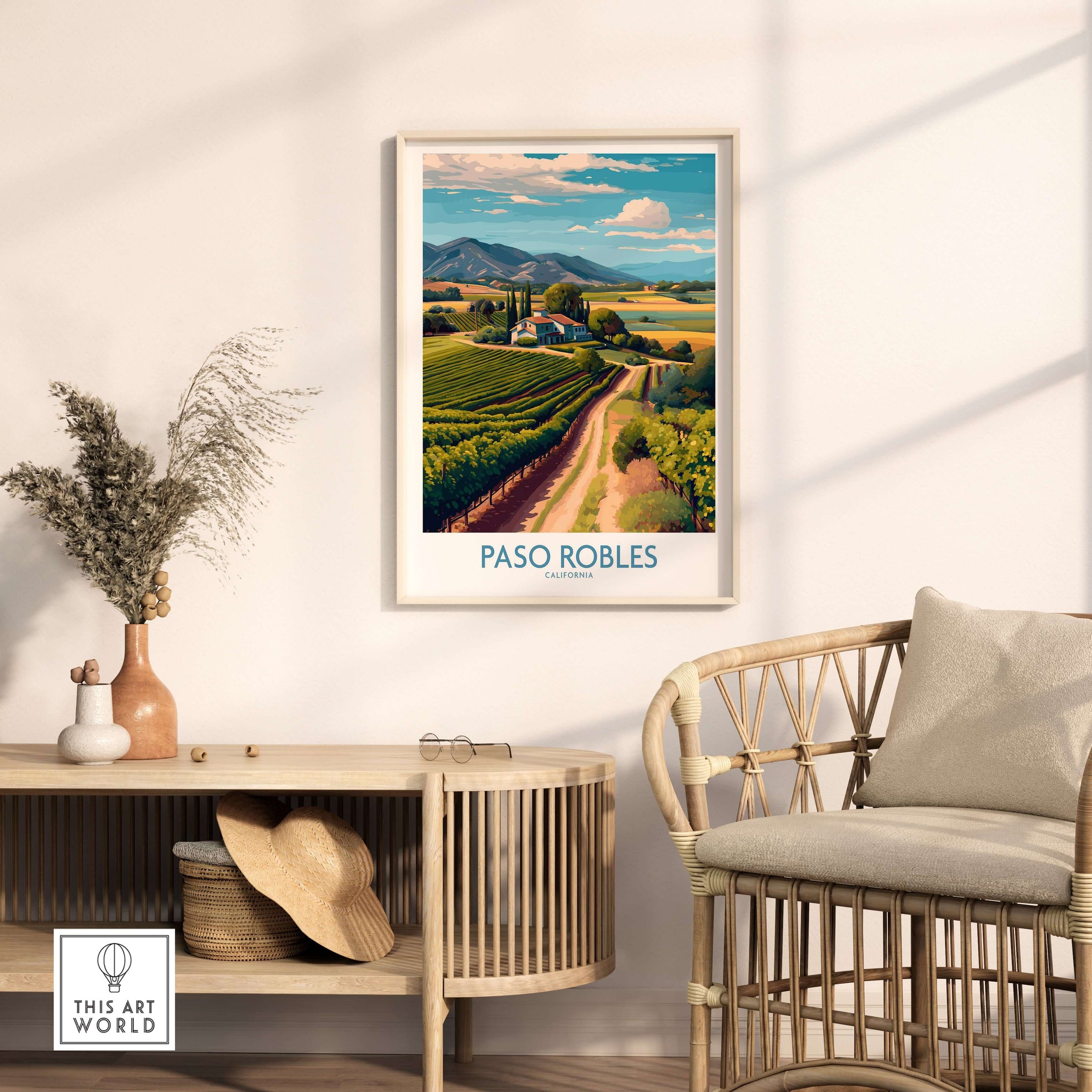 Paso Robles California Vineyard Art Print | Wine Region Landscape Poster showcasing a vineyard landscape in a stylish room.
