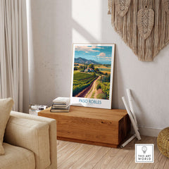 Paso Robles California Vineyard Art Print | Wine Region Landscape Poster displayed in a cozy living room setting.
