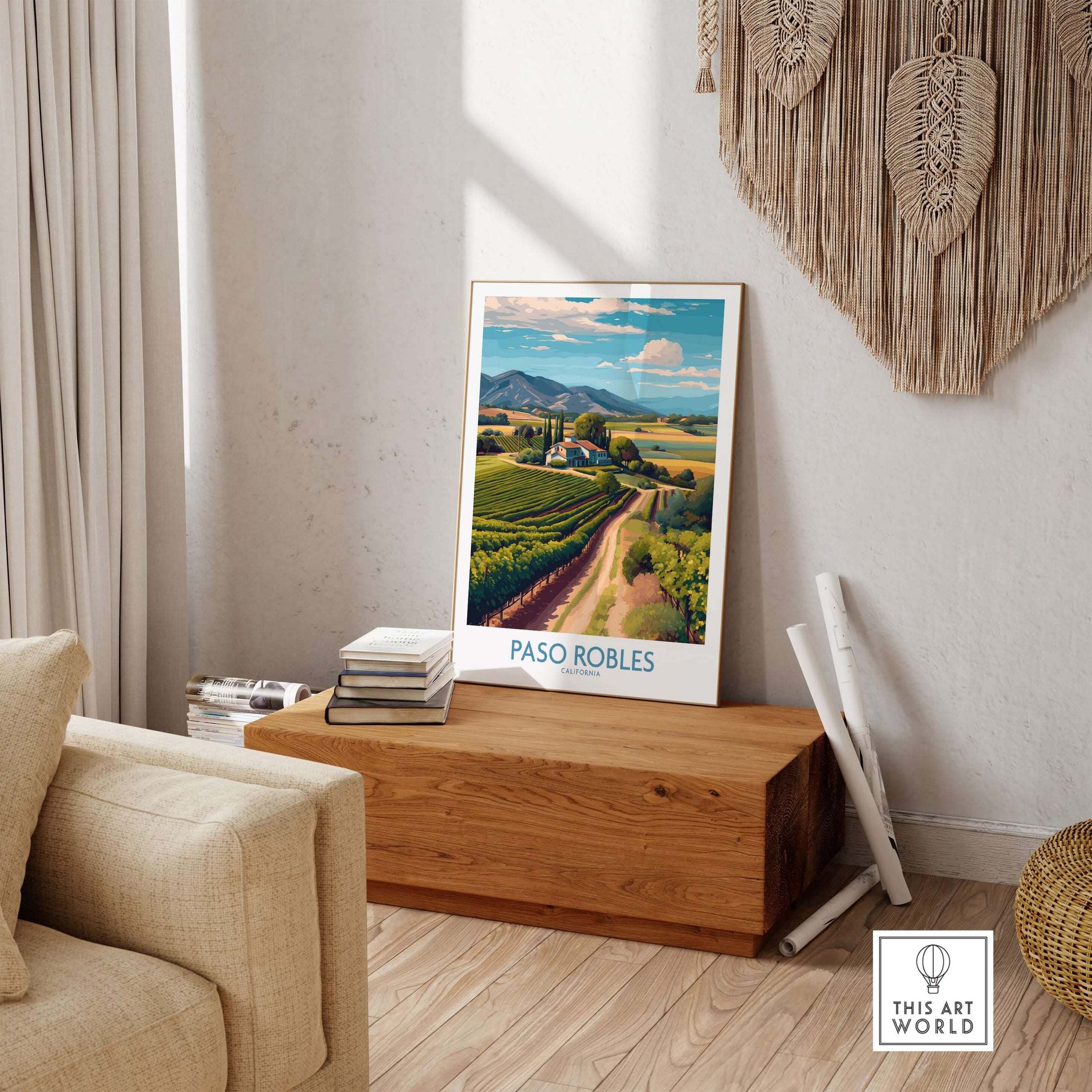 Paso Robles California Vineyard Art Print | Wine Region Landscape Poster displayed in a cozy living room setting.
