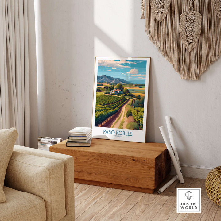 Paso Robles California Vineyard Art Print | Wine Region Landscape Poster displayed in a modern living room.