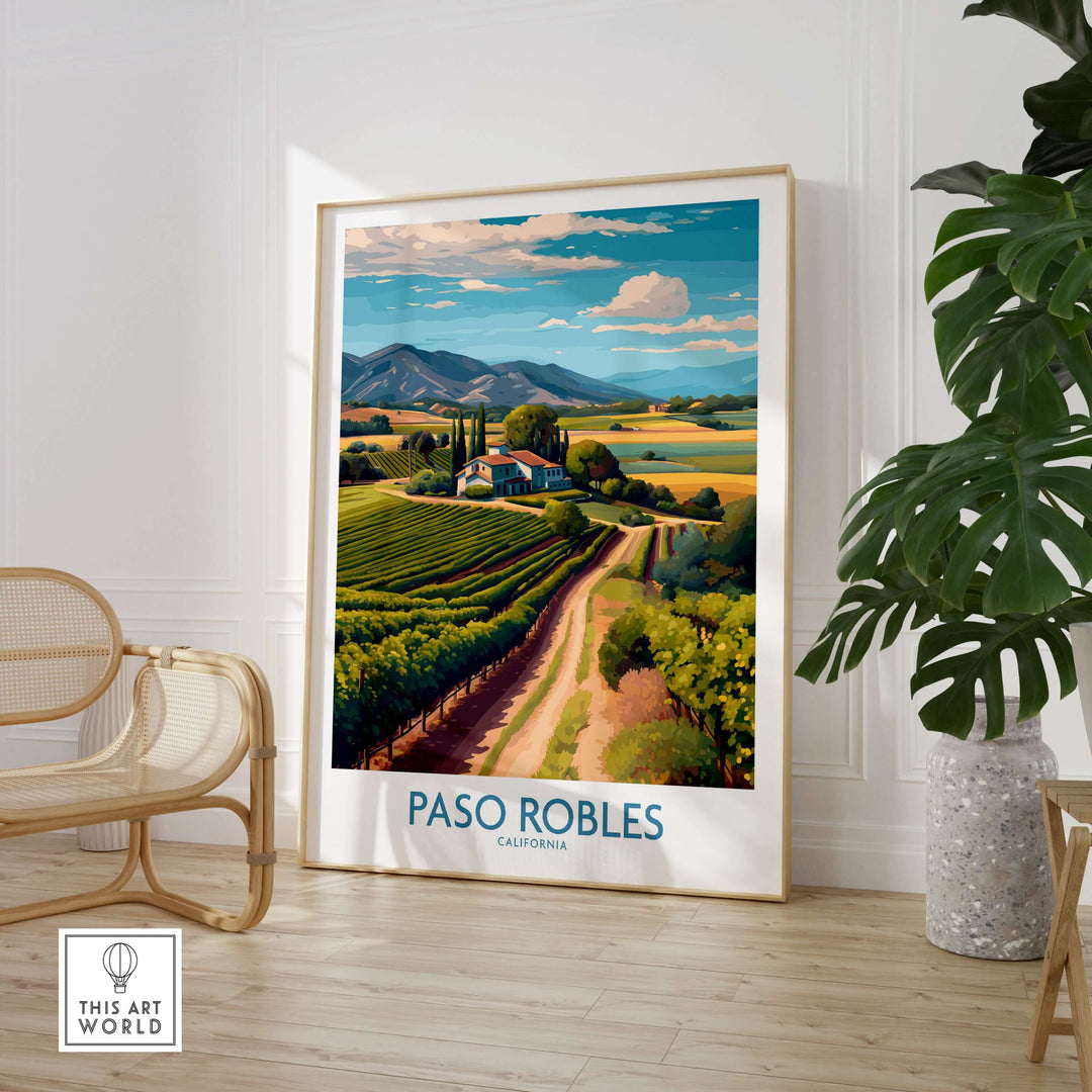 Paso Robles California Vineyard Art Print | Wine Region Landscape Poster displayed in a stylish home setting.