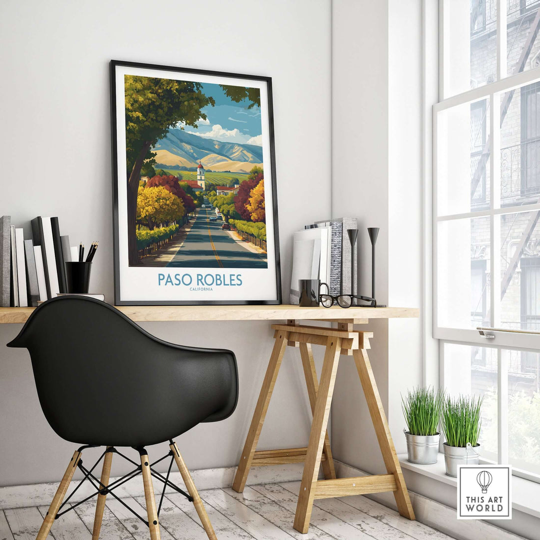 Paso Robles California Wine Country Art Print | Vineyard Travel Poster showcased in a stylish modern interior.