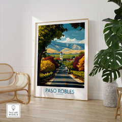 Paso Robles California Wine Country Art Print | Vineyard Travel Poster displayed in a modern interior setting.