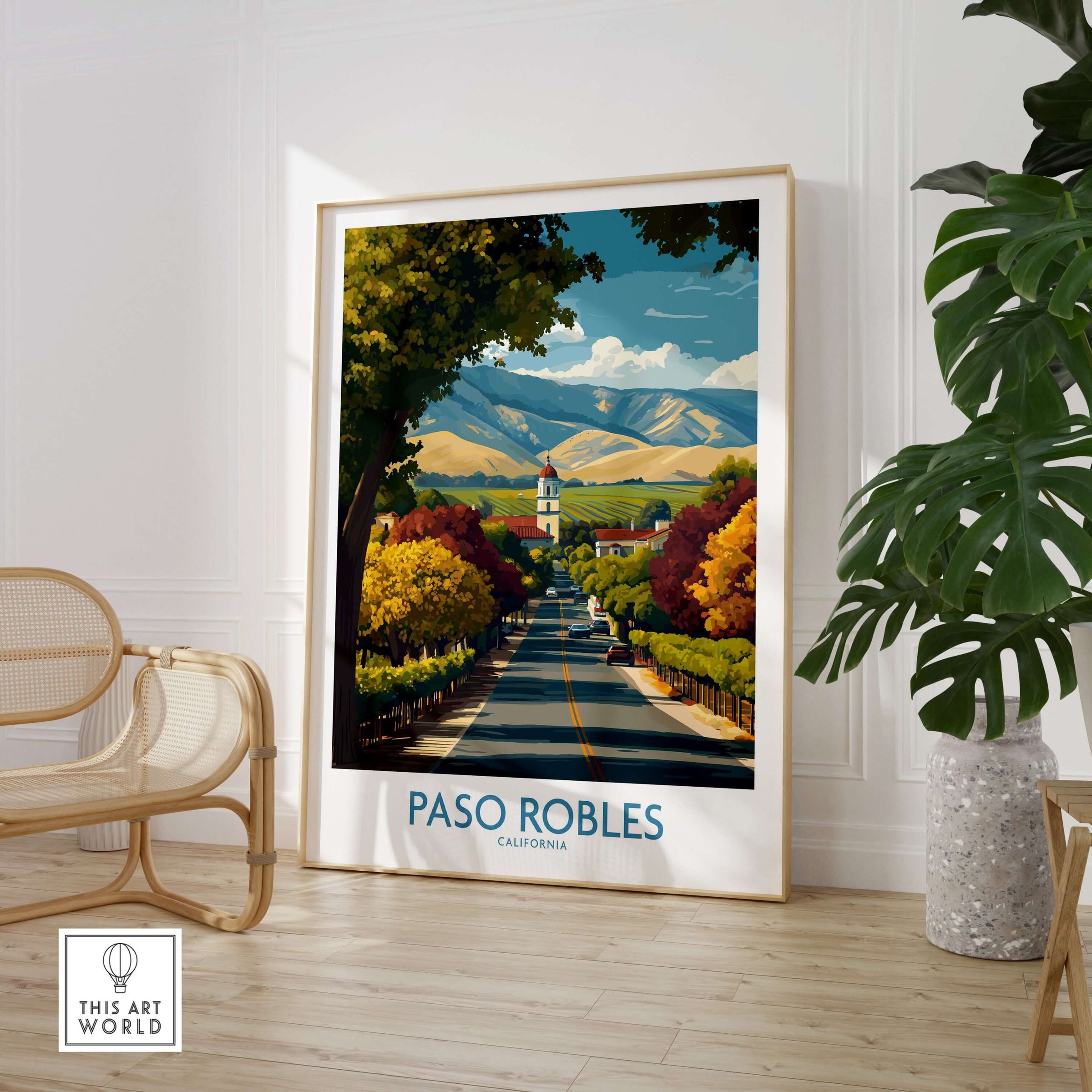 Paso Robles California Wine Country Art Print | Vineyard Travel Poster displayed in a modern interior setting.