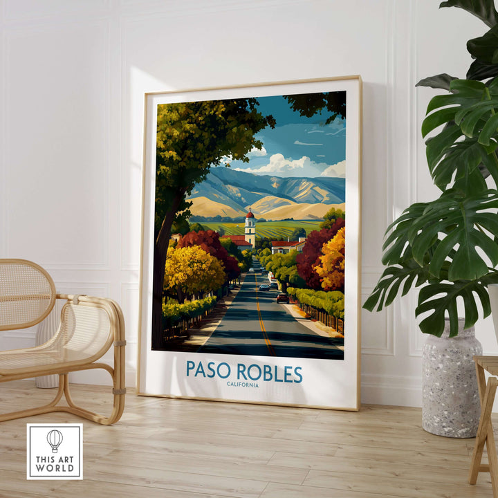 Paso Robles California Wine Country Art Print | Vineyard Travel Poster showcasing vibrant vineyards and mountains.