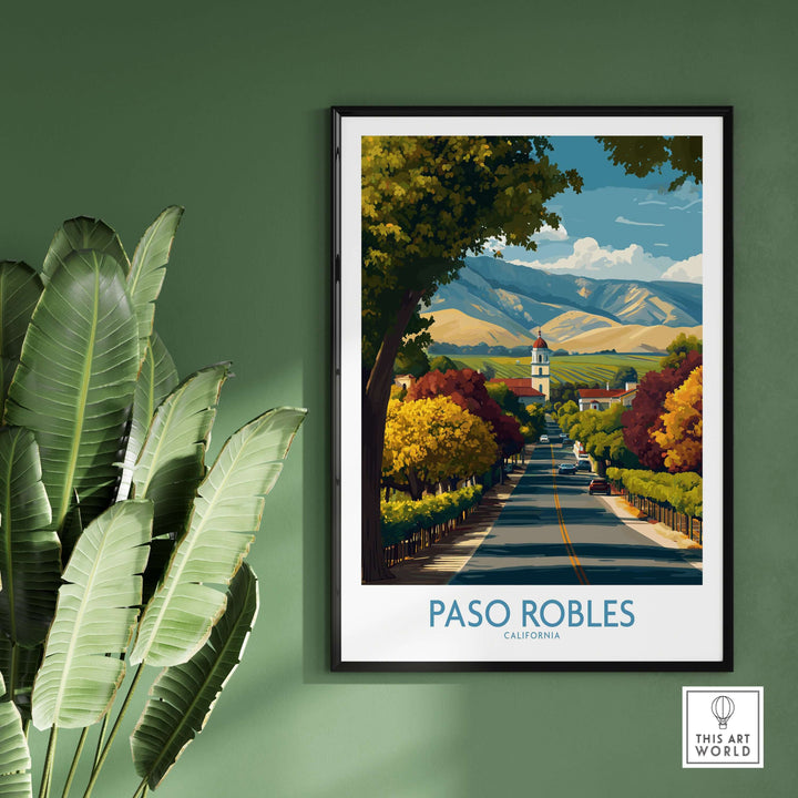 Paso Robles California Wine Country Art Print | Vineyard Travel Poster framed on a wall with a green background.