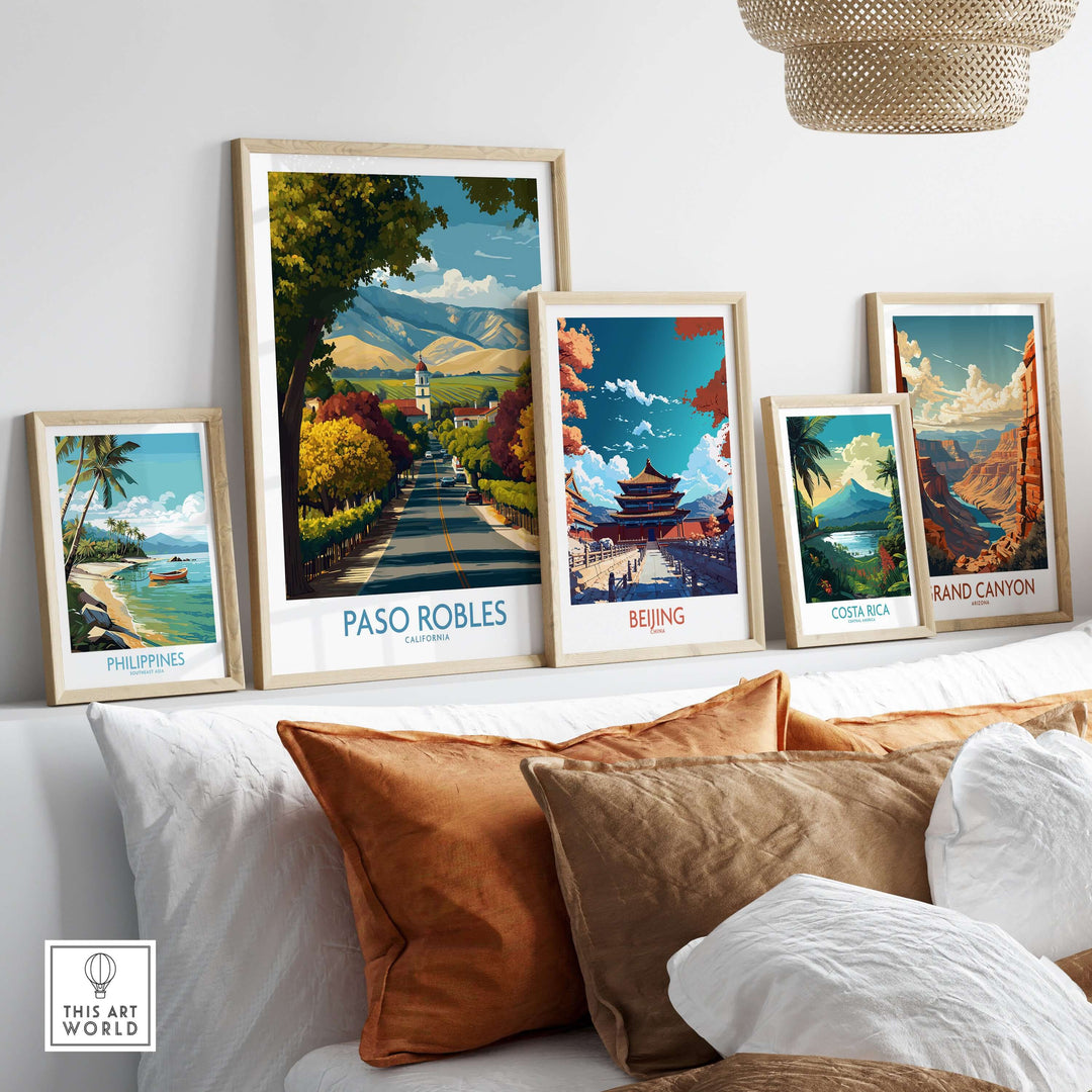 Paso Robles California Wine Country Art Print | Vineyard Travel Poster displayed among other travel art prints.