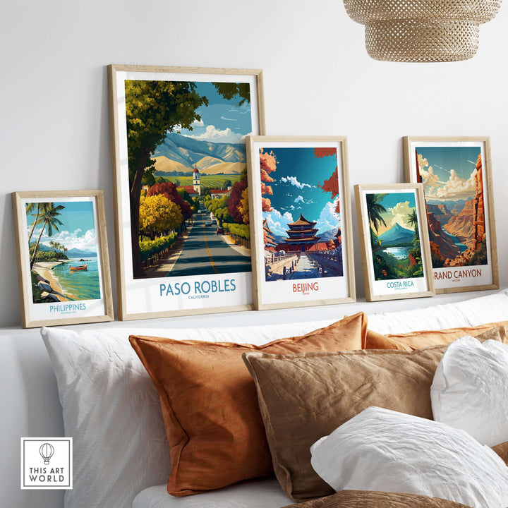 Paso Robles California Wine Country Art Print | Vineyard Travel Poster displayed among other travel art prints.