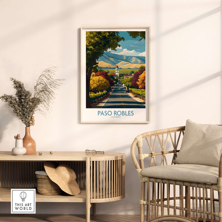 Paso Robles California Wine Country Art Print | Vineyard Travel Poster displayed in a modern living room setting.