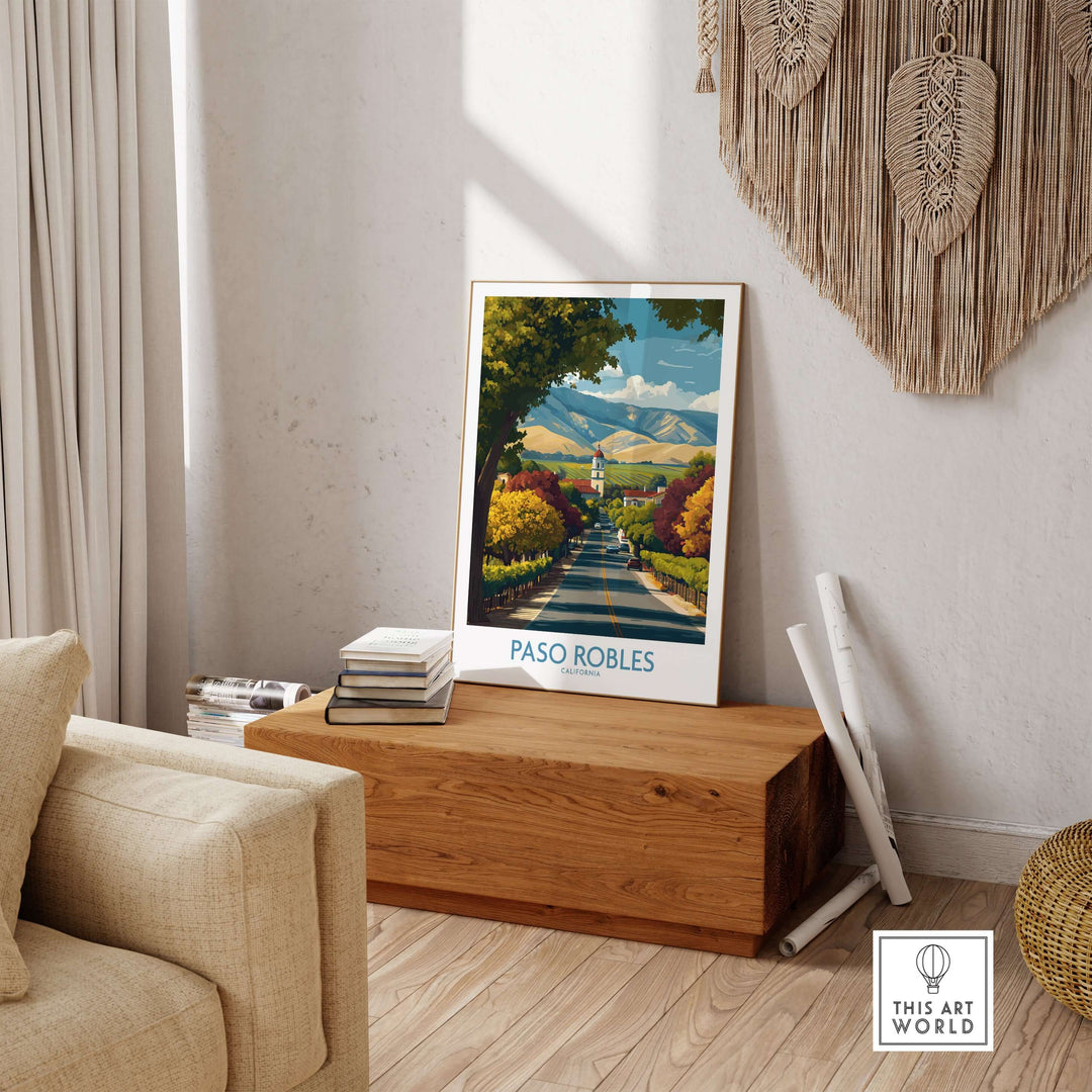 Paso Robles California Wine Country Art Print | Vineyard Travel Poster displayed in a stylish living room setting.