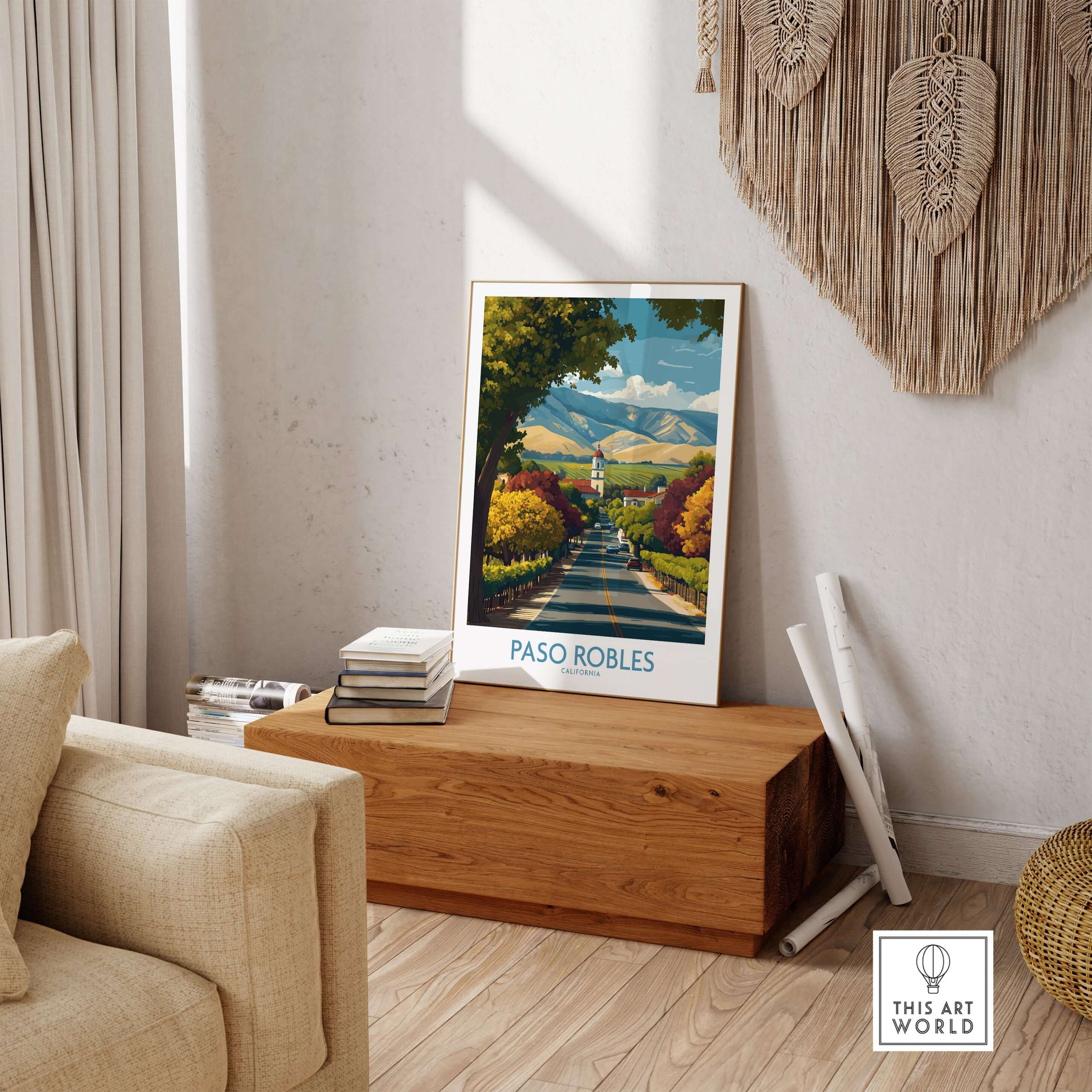 Paso Robles California Wine Country Art Print | Vineyard Travel Poster displayed in a stylish living room setting.