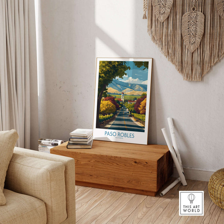Paso Robles California Wine Country Art Print | Vineyard Travel Poster displayed in a stylish living room setting.