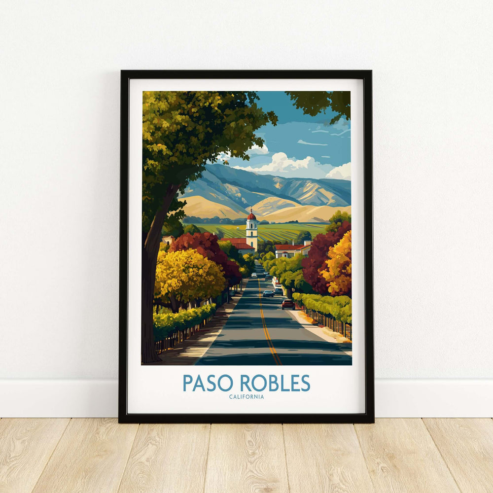 Paso Robles California Wine Country Art Print | Vineyard Travel Poster framed on wall, showcasing vineyard scenery and mountains.