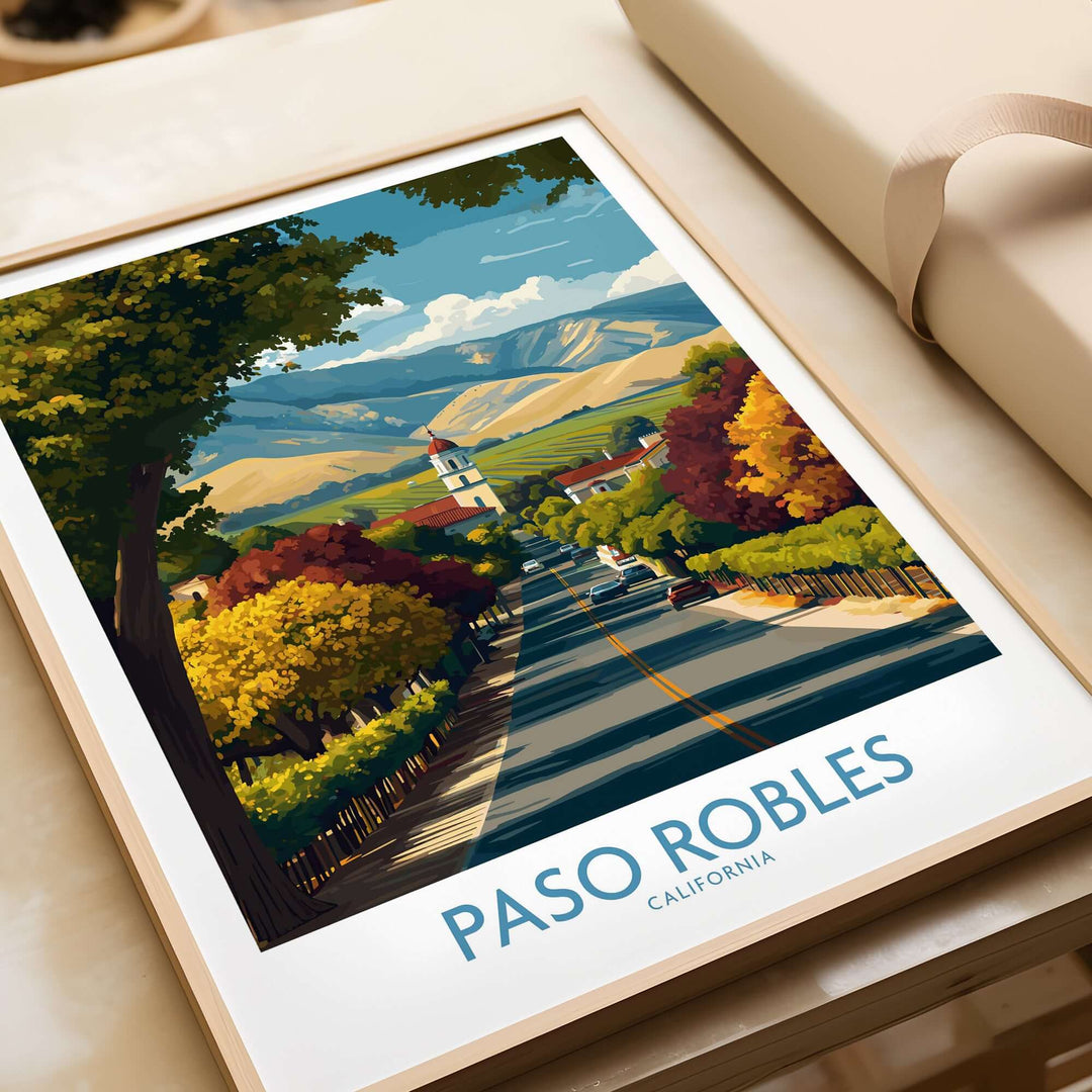 Paso Robles California Wine Country Art Print | Vineyard Travel Poster showcasing rolling vineyards and mountains.