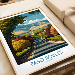 Paso Robles California Wine Country Art Print | Vineyard Travel Poster showcasing vineyards and scenic hills.