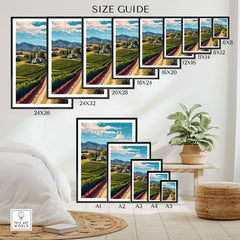 Paso Robles Farmhouse and Vines Print | California Wine Lover Wall Art size guide showcasing various frame options.
