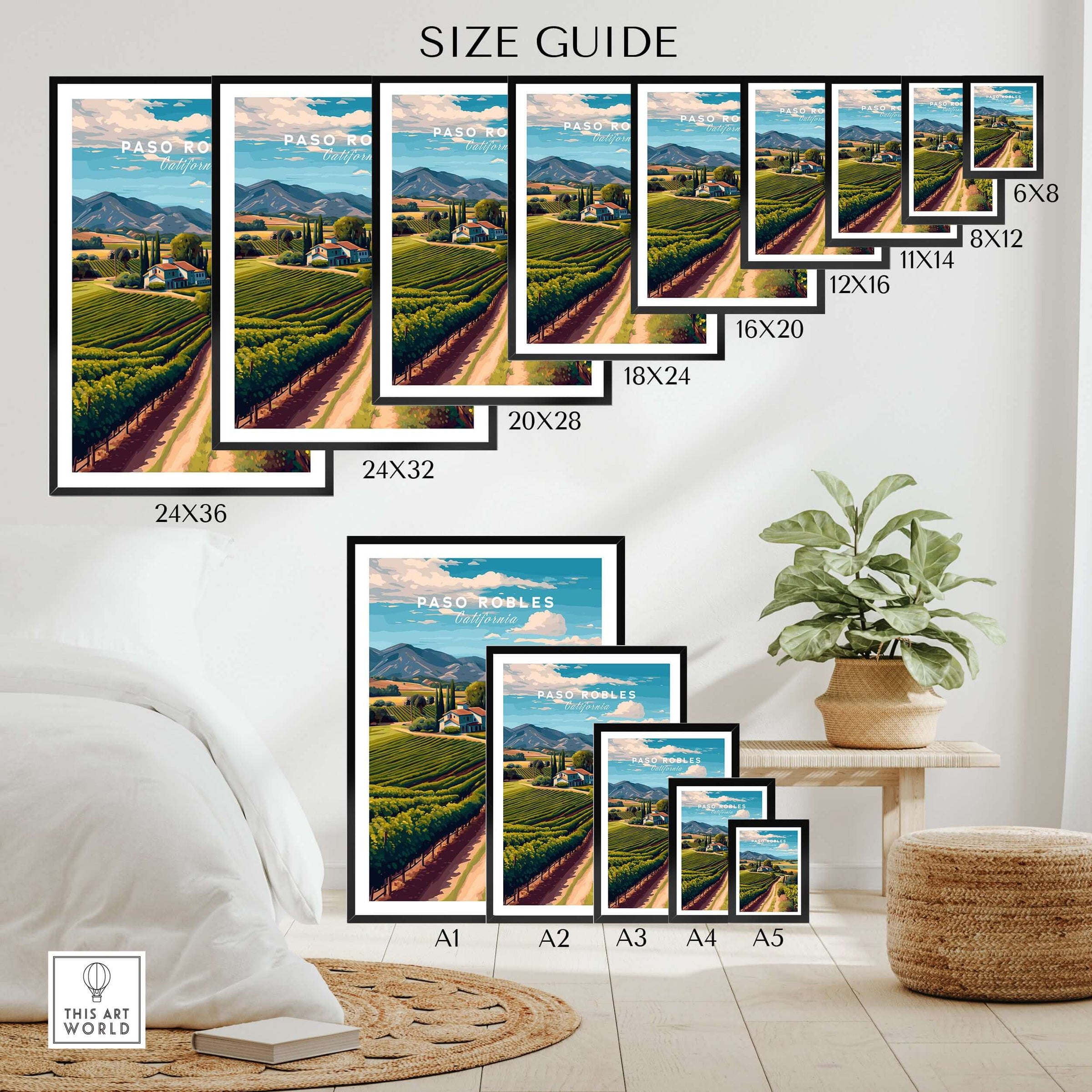 Paso Robles Farmhouse and Vines Print | California Wine Lover Wall Art size guide showcasing various frame options.