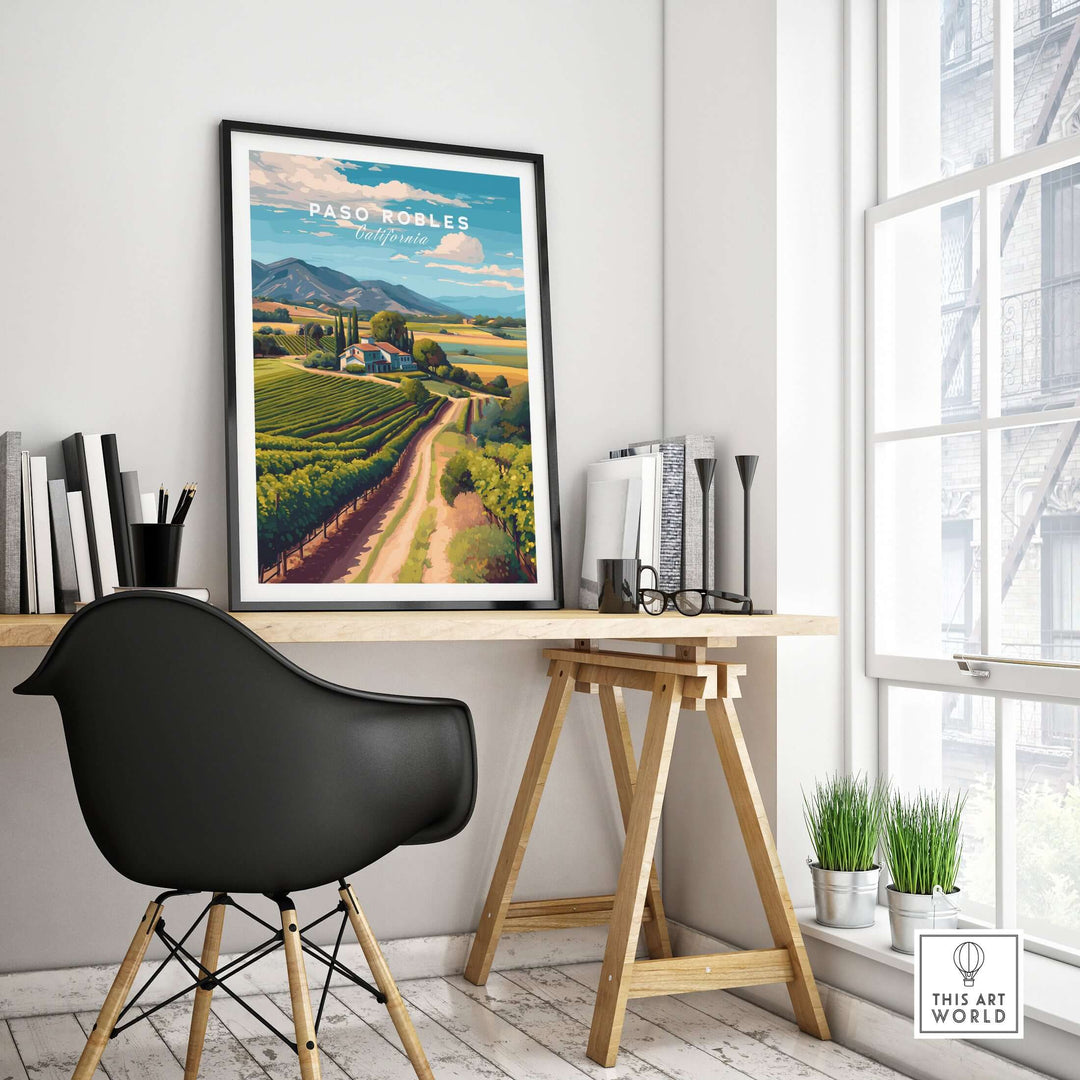 Paso Robles Farmhouse and Vines Print | California Wine Lover Wall Art displayed in a modern home office setting.