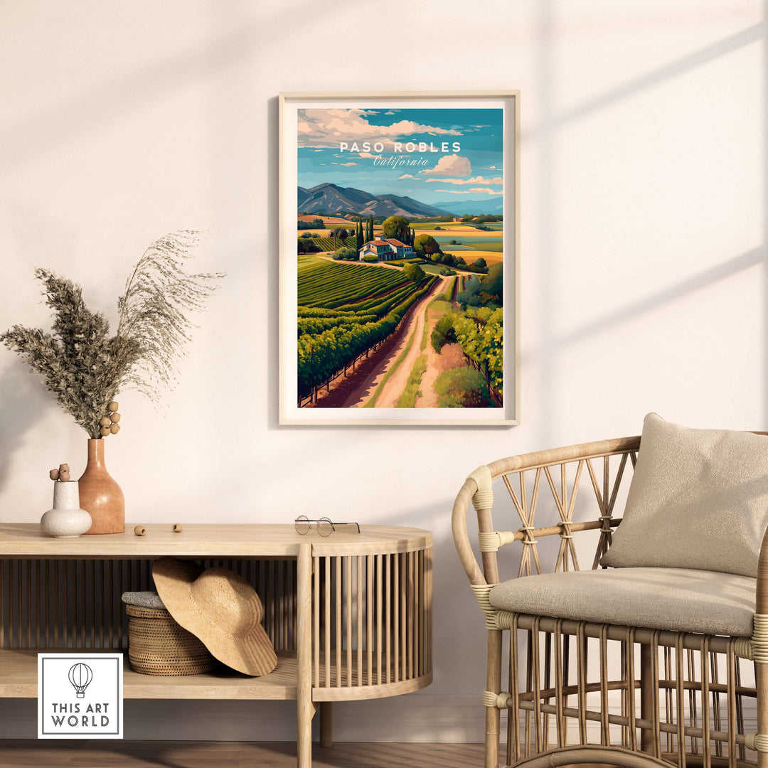 Paso Robles Farmhouse and Vines Print | California Wine Lover Wall Art displayed in a cozy living room setting.