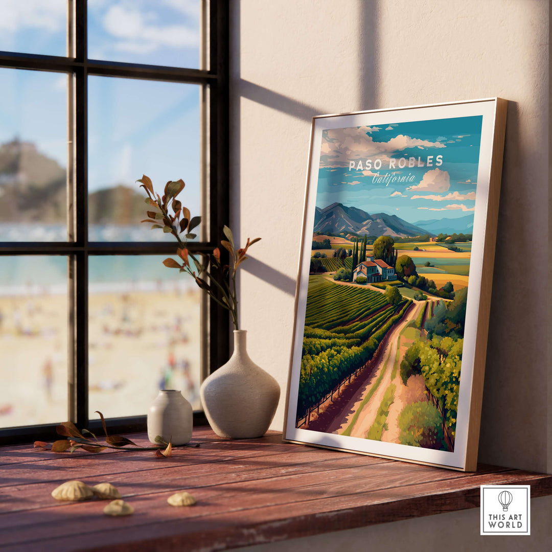 Paso Robles Farmhouse and Vines Print | California Wine Lover Wall Art featuring a rustic landscape and vineyards.